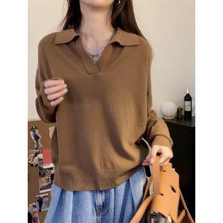 V-neck Plain Loose-fit Knit Top