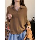 V-neck Plain Loose-fit Knit Top