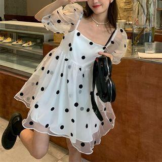 Short-sleeve Dotted Mesh Mini A-line Dress