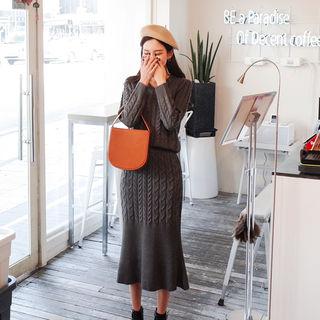 Set: V-neck Cable-knit Top + Knit Skirt