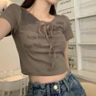 Short-sleeve Lettering Cropped T-shirt Ash Gray - One Size