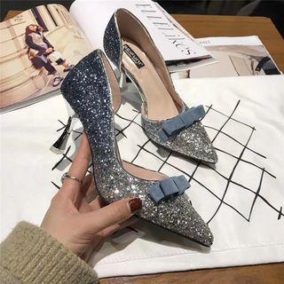 High-heel Sequined Bow-accent Pumps