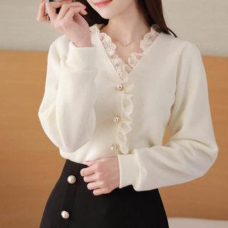 Lace-frill Balloon-sleeve Cardigan