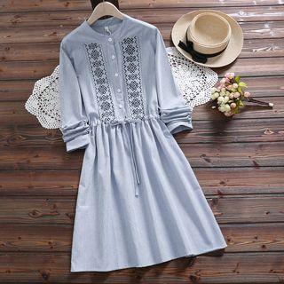 Striped Long-sleeve Embroidered Midi A-line Dress