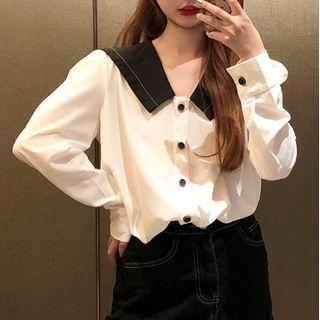 Contrast Collar Long-sleeve Blouse White - One Size