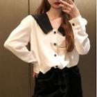 Contrast Collar Long-sleeve Blouse White - One Size