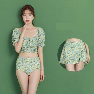 Set: Puff-sleeve Floral Print Bikini + Swim Skirt