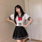Sailor Collar Blouse With Bowtie / Mini A-line Skirt / Set