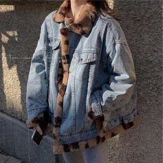 Reversible Leopard Panel Denim Jacket As Shown In Figure - One Size