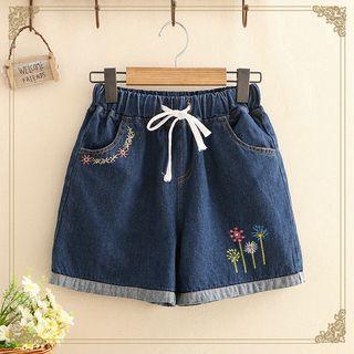 Floral Embroidered Drawstring Denim Shorts