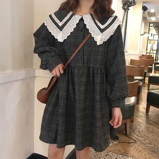 Eyelet Lace Collar Plaid Shirtdress