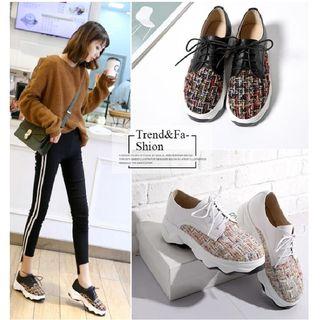 Tweed Panel Lace-up Platform Shoes