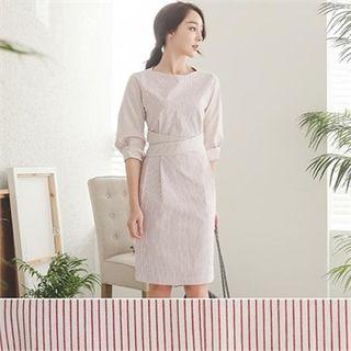 Balloon-sleeve Stripe Sheath Dress