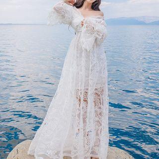 Long-sleeve Lace Overlay A-line Maxi Dress