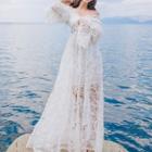 Long-sleeve Lace Overlay A-line Maxi Dress