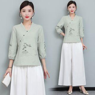 Puff-sleeve Embroidered Cheongsam Top / Wide Leg Pants / Set