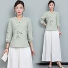 Puff-sleeve Embroidered Cheongsam Top / Wide Leg Pants / Set