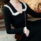 Long-sleeve Knit V-neck Midi A-line Dress