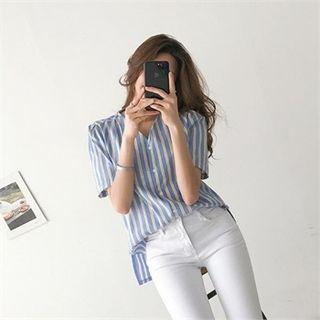 V-neck Puff-shoulder Striped Blouse