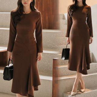 Asymmetric Ruffle Plain Midi Dress