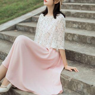 Set: Floral Print Elbow Sleeve Blouse + Spaghetti Strap Dress