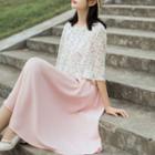 Set: Floral Print Elbow Sleeve Blouse + Spaghetti Strap Dress
