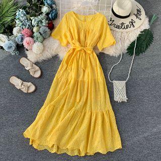 Short-sleeve Tie-front A-line Eyelet Lace Dress