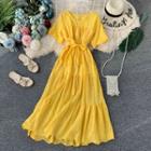 Short-sleeve Tie-front A-line Eyelet Lace Dress