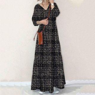 Plaid Long-sleeve Midi A-line Dress Black & Gray - One Size