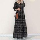 Plaid Long-sleeve Midi A-line Dress Black & Gray - One Size