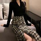 Set: V-neck Long-sleeve T-shirt + Plaid Midi Pencil Skirt