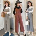 Set: Long Sleeve T-shirt + Cropped Plaid Jumper Pants