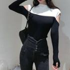 Two-tone Cut-out Knit Top Black - One Size