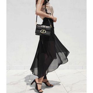 Rhinestone-buckled Chiffon-overlay Skirt