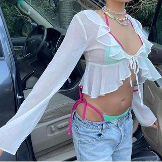 Long-sleeve V-neck Ruffled Trim Mesh Crop Top