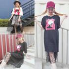 Set: Print Short-sleeve T-shirt Dress + Mesh Skirt
