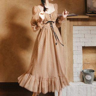 Mesh Puff Sleeve Square Neck Midi Dress