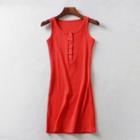 Sleeveless Buttoned Placket Mini Knit Sheath Dress