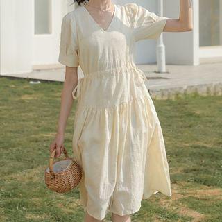 Short-sleeve V-neck Drawstring Midi A-line Dress Yellow - One Size