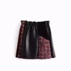 Plaid Panel Faux Leather Mini A-line Skirt