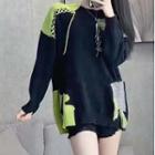 Long Sleeve Color-block Sweater Black - One Size