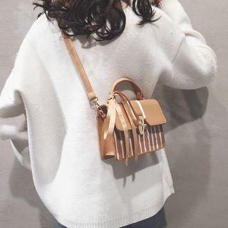 Striped Faux Leather Satchel Bag