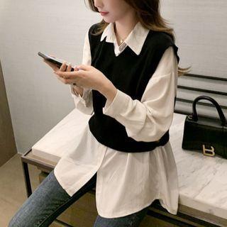Set: Puff-sleeve Shirt + Sweater Vest