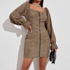 Square Neck Leopard Print Puff Sleeve Zip-up Sheath Dress