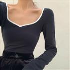 Color-block Long-sleeve Slim-fit Top / Plain Pants