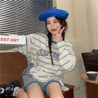 Long-sleeve Lettering Striped Loose-fit Top / Slim-fit Shorts