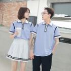 Couple-matching Short-sleeve Polo Shirt / Striped Pleated Mini Skirt / Straight-cut Pants