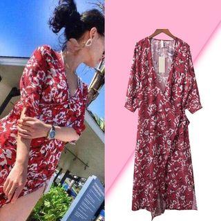 Floral Print V-neck Elbow-sleeve Chiffon Dress