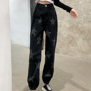 Printed High-waist Cropped Harem Jeans