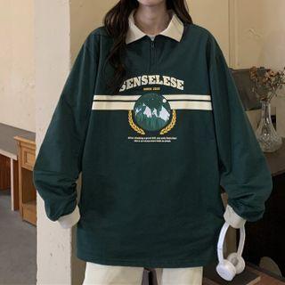 Contrast Collar Print Polo Sweatshirt